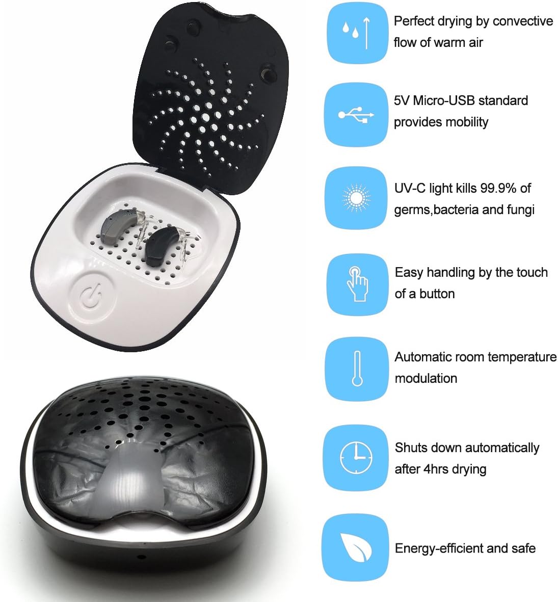 Portable USB Electric Dehumidifier Hearing Aid Dryer,Temperature Range 104~122 Degree,Energy-efficient and Safe